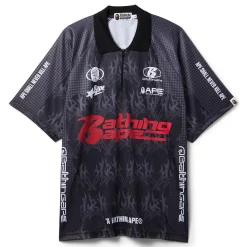A Bathing Ape Flame Pattern Overall Print Half Zip Relax Fit Polo Shirt