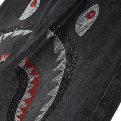 A Bathing Ape Womens Crystal Stone Shark High Waist Denim Pants