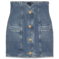 Balmain Buttoned Denim Tulip Short Skirt