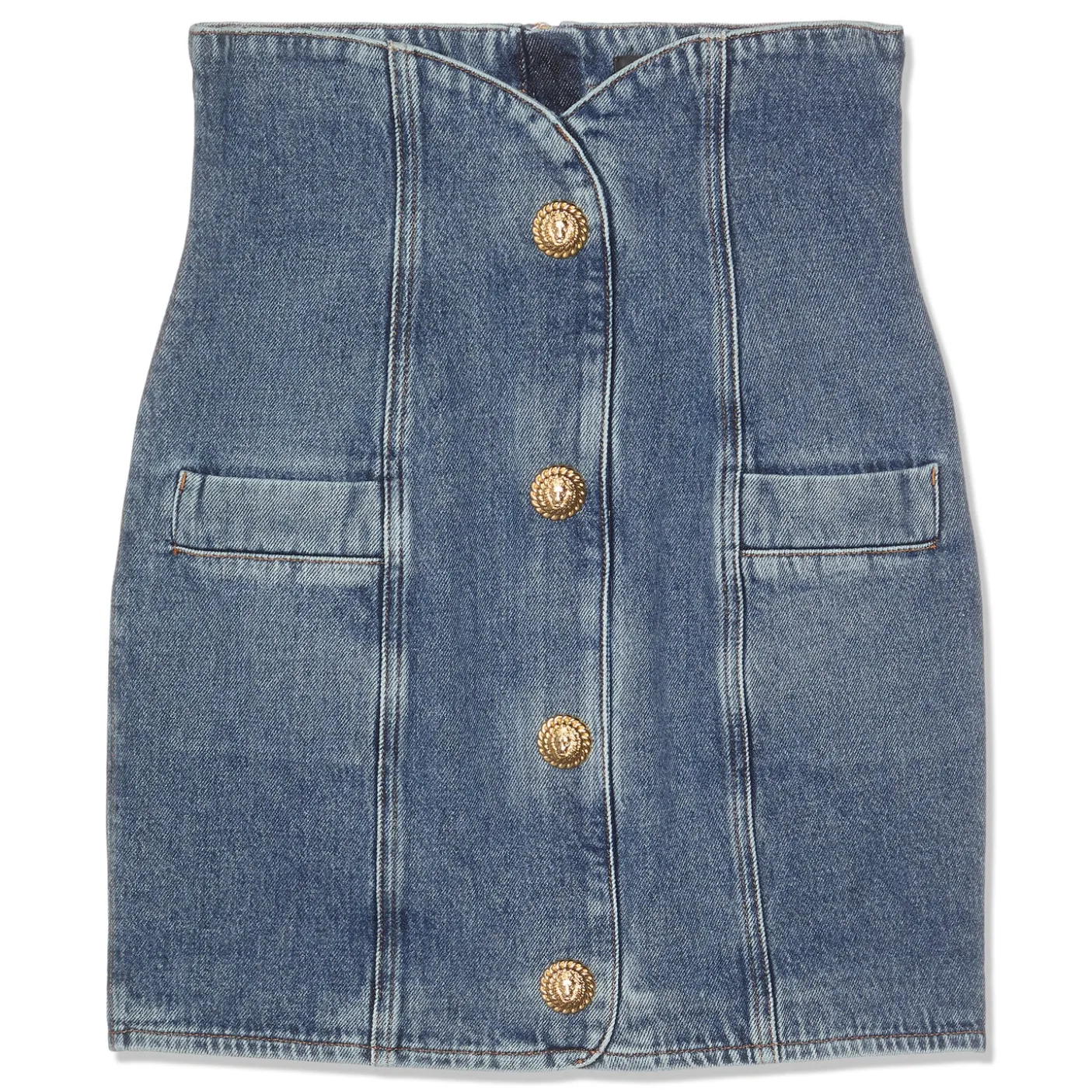 Balmain Buttoned Denim Tulip Short Skirt