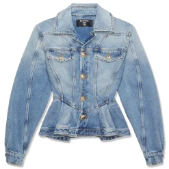Balmain Buttoned Light Blue Ruffled Denim Jacket