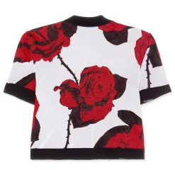 Balmain Buttoned Red Roses Cropped Knit Cardigan
