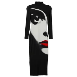 Balmain Long Sleeve Print Face Bodycon Long Dress