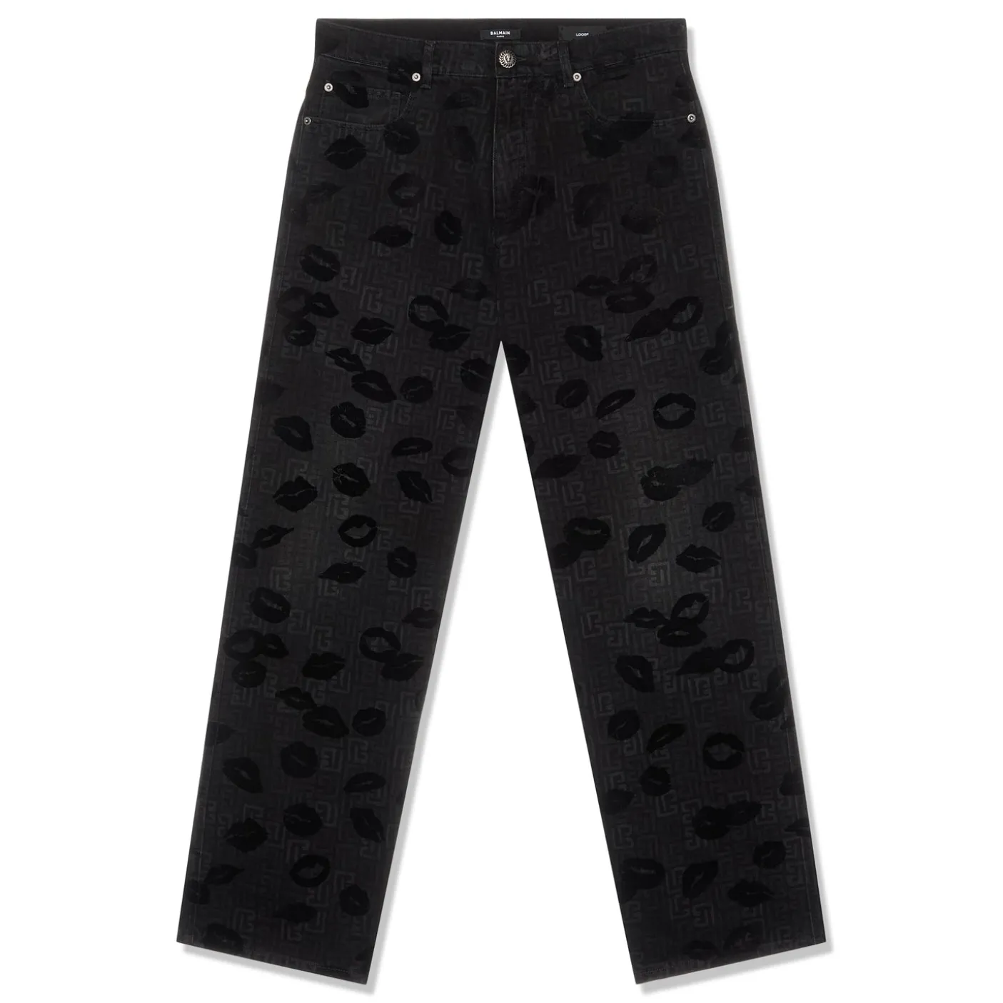 Balmain Monogram & Flock Kiss Print Denim Pants