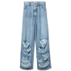 BY FAR D Denim Wide Trouser Stone Wash Distressed Cotton